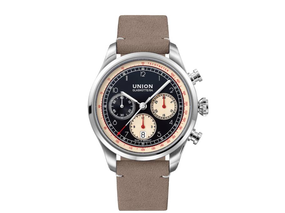            Belisar Chronograph Automatik Edelstahl 44mm beige-schwarzes Zifferblatt hellbraunes Lederband