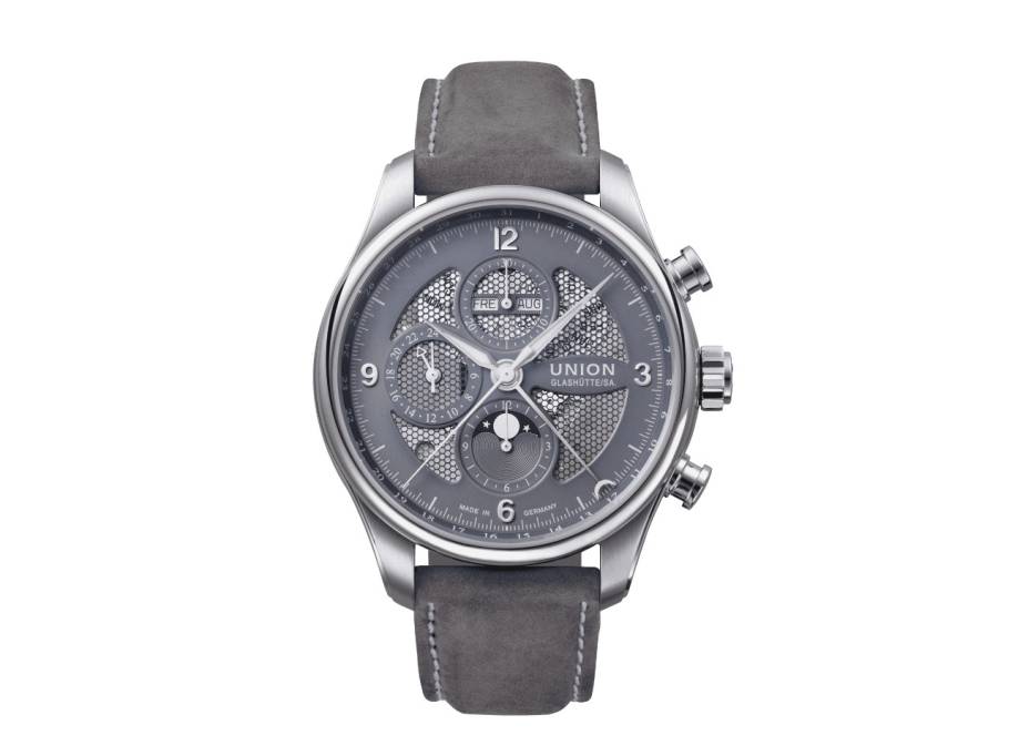            Belisar Chronograph Mondphase Automatik Edelstahl 44mm graues Zifferblatt graues Lederband
