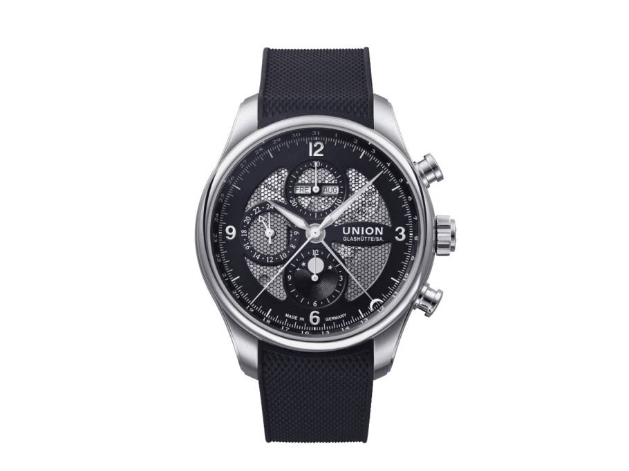            Belisar Chronograph Mondphase Automatik Edelstahl 44mm schwarzes Zifferblatt schwarzes Lederband