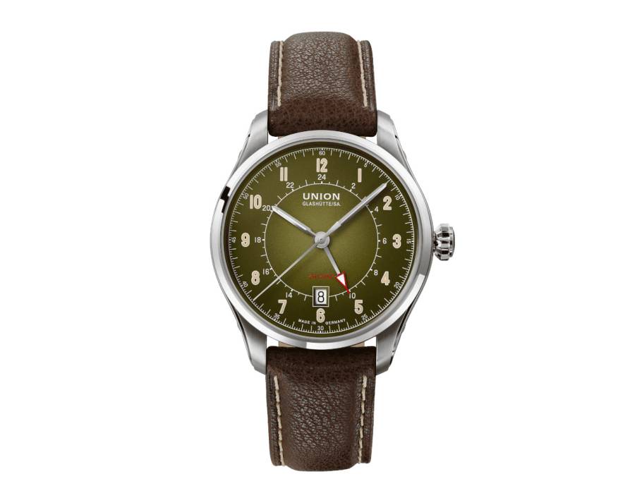 Belisar GMT Automatik Edelstahl 41mm grünes Zifferblatt braunes Lederband