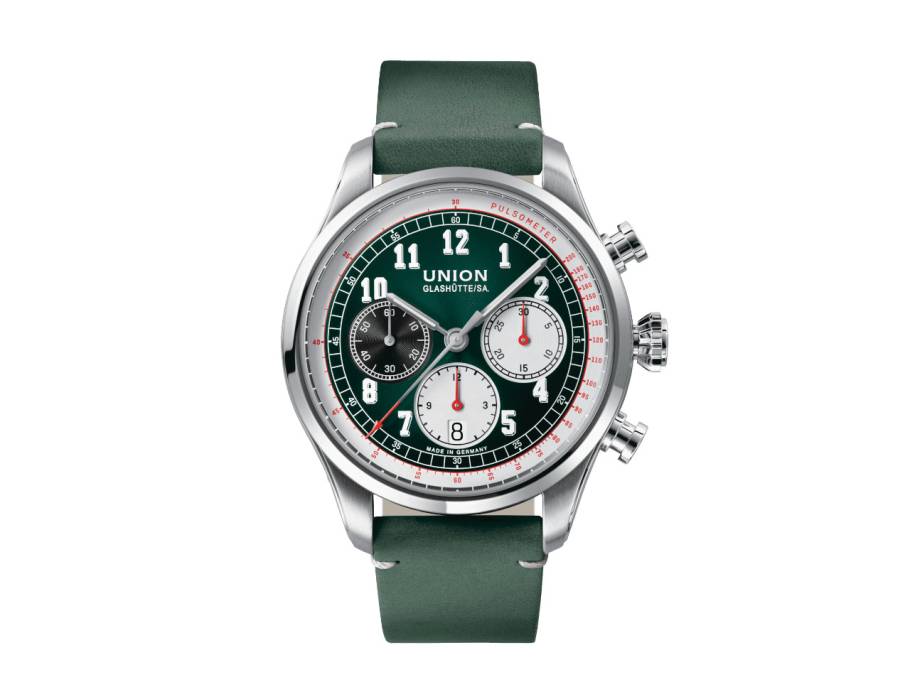             Belisar Chronograph Automatik Edelstahl 44mm weiß-grünes Zifferblatt grünes Lederband