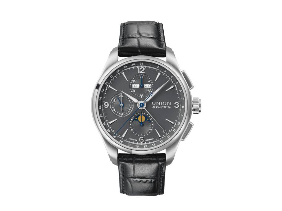 Belisar Chronograph Mondphase Automatik Edelstahl 42mm graues Zifferblatt schwarzes Lederband