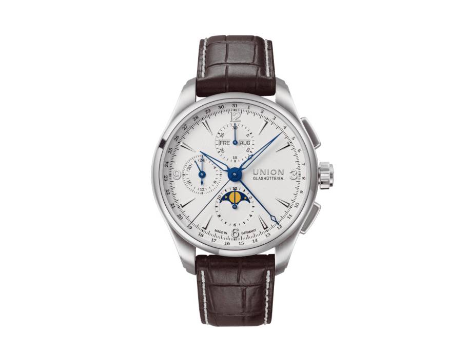            Belisar Chronograph Mondphase Automatik Edelstahl 42mm weißes Zifferblatt braunes Lederband