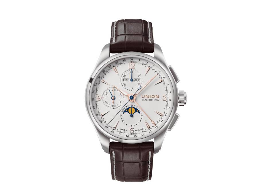            Belisar Chronograph Mondphase Automatik Edelstahl 42mm weißes Zifferblatt braunes Lederband