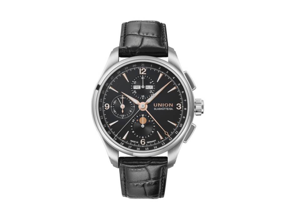 Belisar Chronograph Mondphase Automatik Edelstahl 42mm schwarzes Zifferblatt schwarzes Lederband