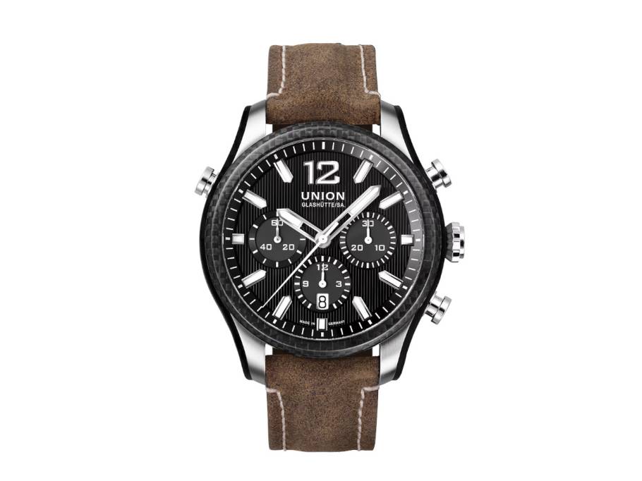             Belisar Chronograph Sport Automatik Edelstahl 44mm schwarzes Zifferblatt braunes Lederband