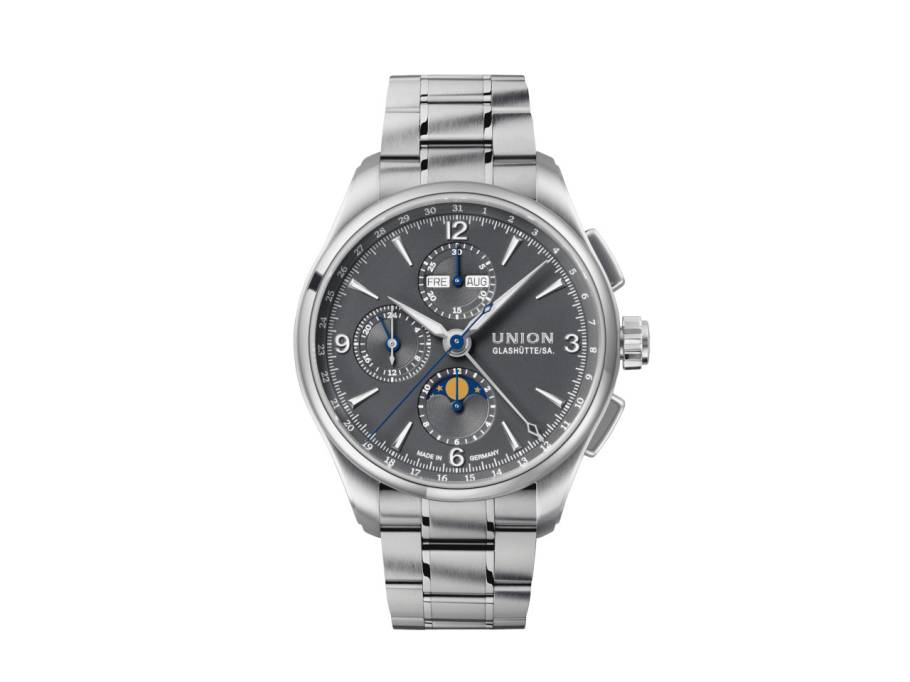            Belisar Chronograph Mondphase Automatik Edelstahl 42mm graues Zifferblatt Metallband
