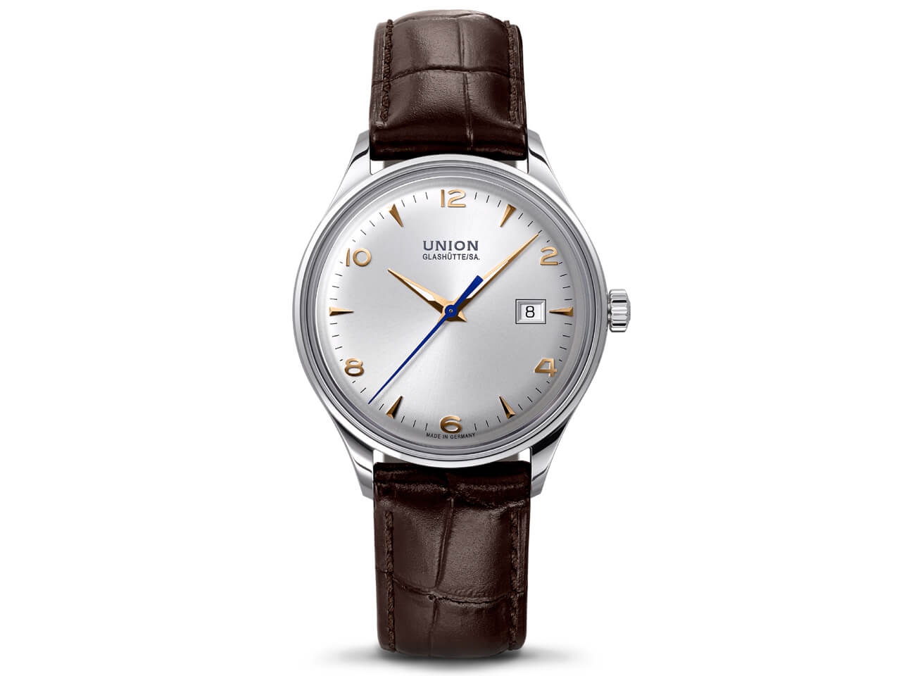 Union Glashütte Noramis Datum Herrenuhr silber mit goldenen 