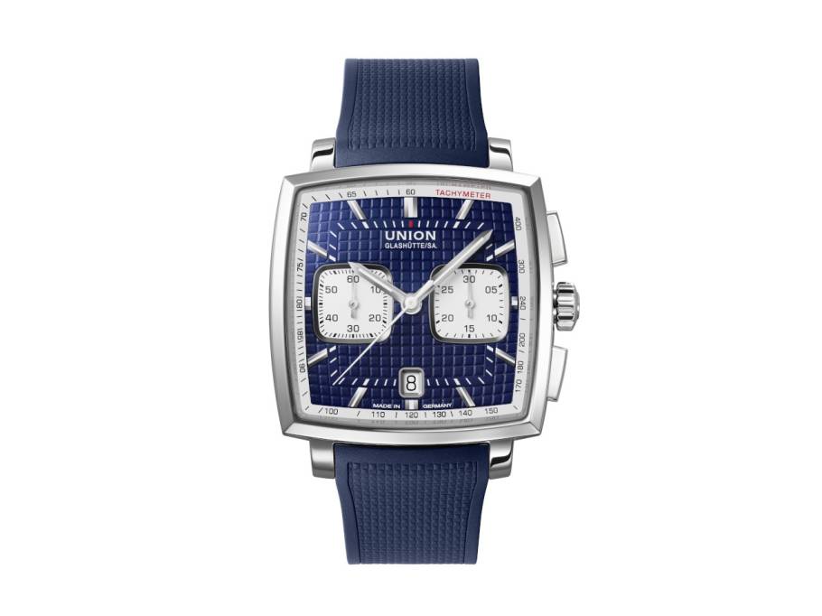 Averin Chronograph Automatik Edelstahl 41mm blaues Zifferblatt blaues Kautschukband blaues Lederband
