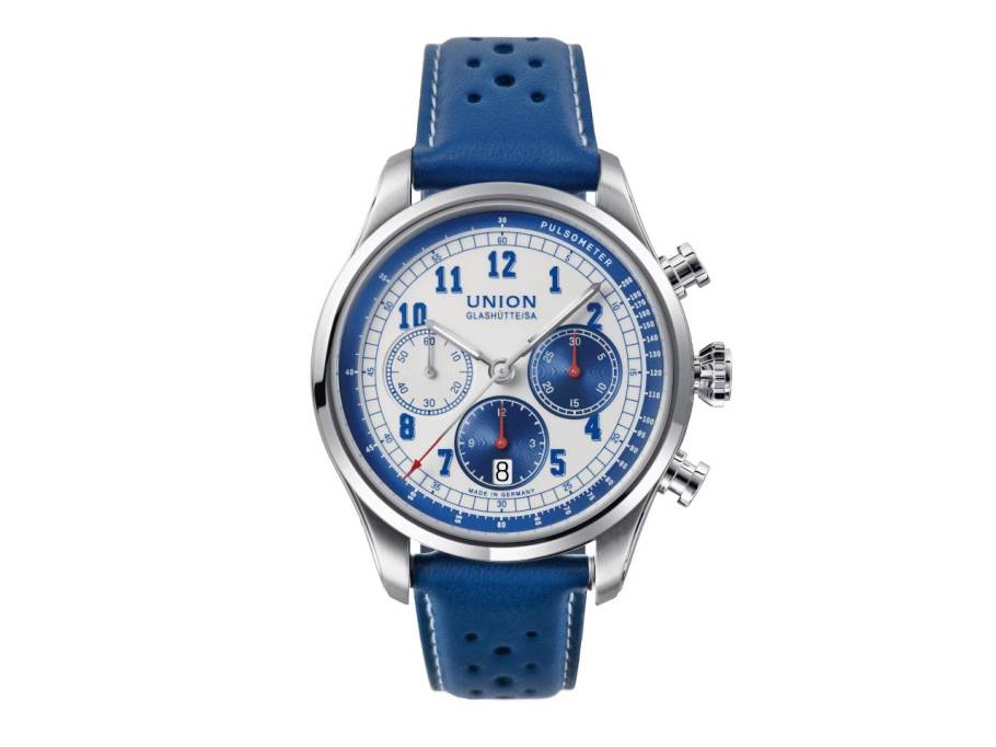             Belisar Chronograph Automatik Edelstahl 44mm weiß-blaues Zifferblatt blaues Textilband und blaues Lederband - Set Juwelier Roller exklusiv