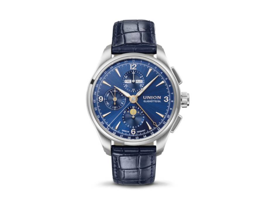 Belisar Chronograph Mondphase Automatik Edelstahl 42mm blaues Zifferblatt blaues Lederband