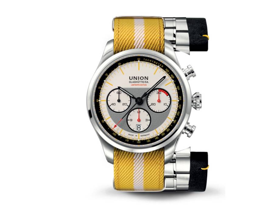              Belisar Chronograph Silvretta Classic 2026 Limitierte Edition Automatik Edelstahl 44mm beiges Zifferblatt gelbes Textilband schwarzes Lederband und Metallband