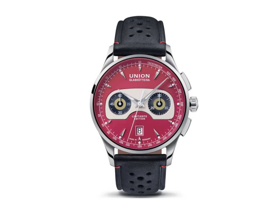 Noramis Chronograph Sachsen Classic 2020 Limited Edition Automatik Edelstahl 42mm zinnoberrotes Zifferblatt graues Lederband