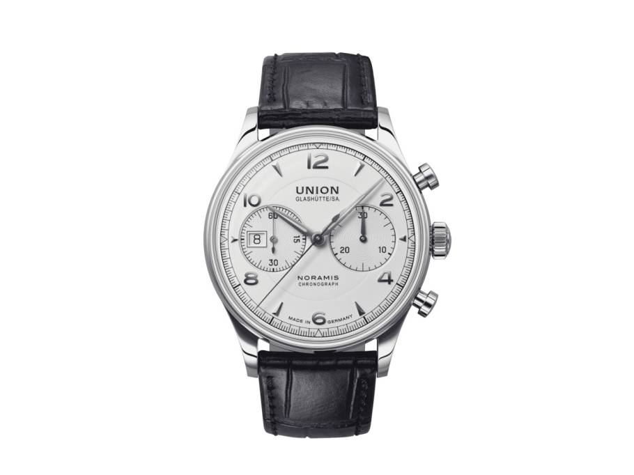 Noramis Chronograph Automatik Edelstahl 42mm silberfarbenes Zifferblatt schwarzes Lederband