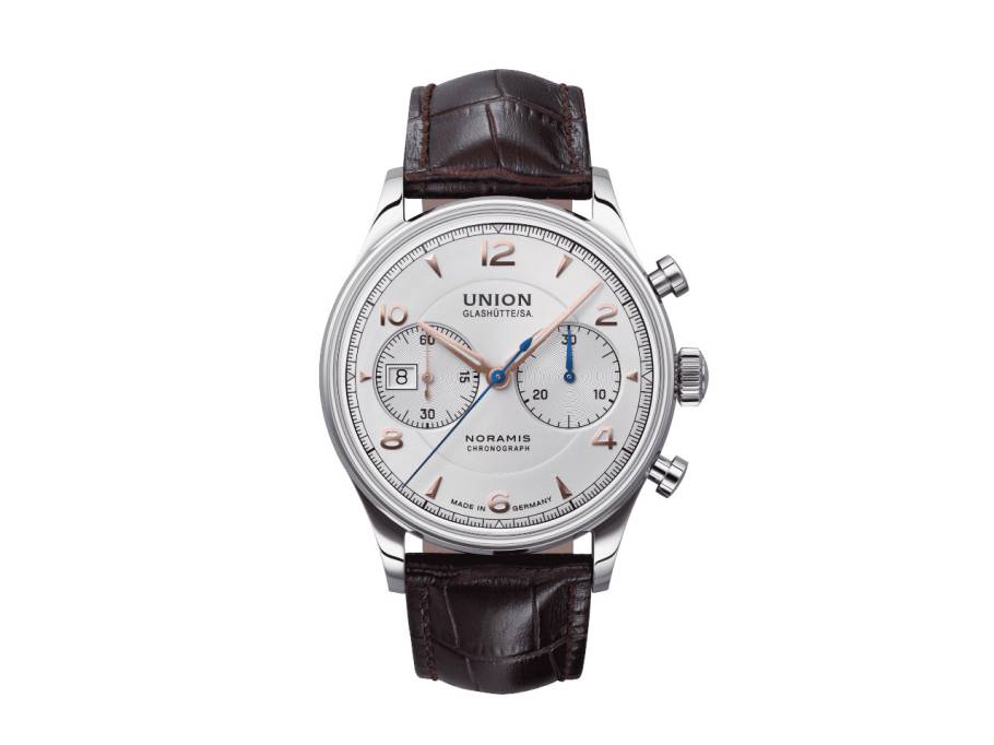 Noramis Chronograph Automatik Edelstahl 42mm silberfarbenes Zifferblatt braunes Lederband