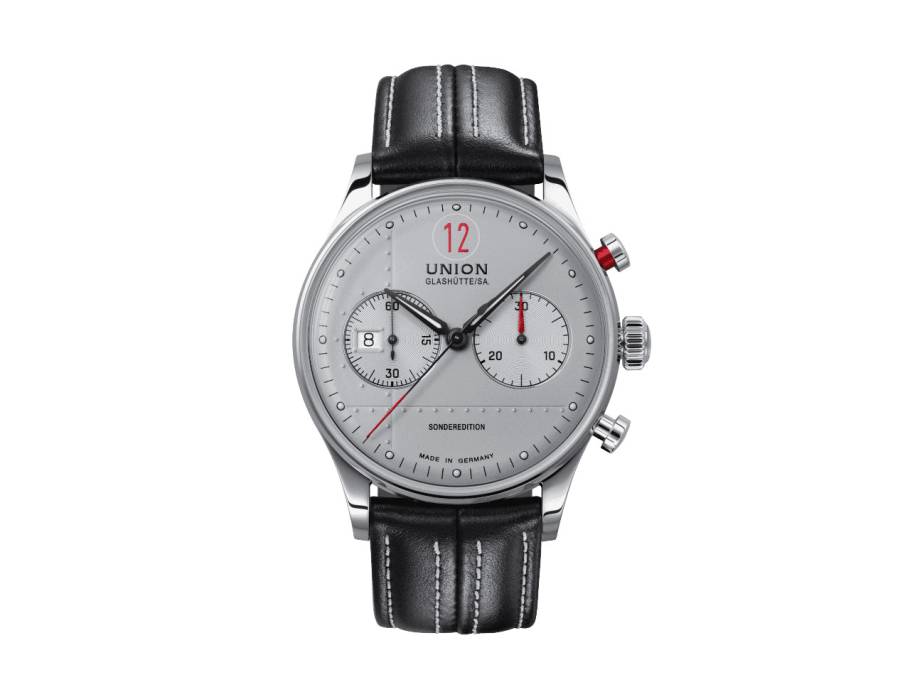 Noramis Chronograph Paul Pietsch Sonderedition Automatik Edelstahl 42mm silberfarbenes Zifferblatt schwarzes Lederband