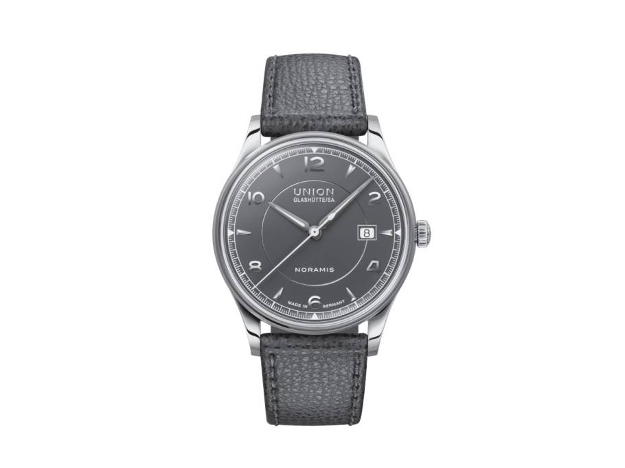 Noramis Datum Automatik Edelstahl 40mm graues Zifferblatt graues Lederband