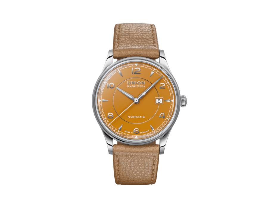  Noramis Datum Automatik Edelstahl 40mm gelbes Zifferblatt braunes Lederband