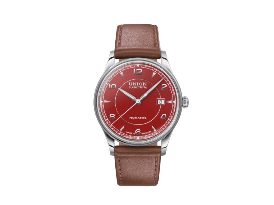  Noramis Datum Automatik Edelstahl 40mm rotes Zifferblatt braunes Lederband