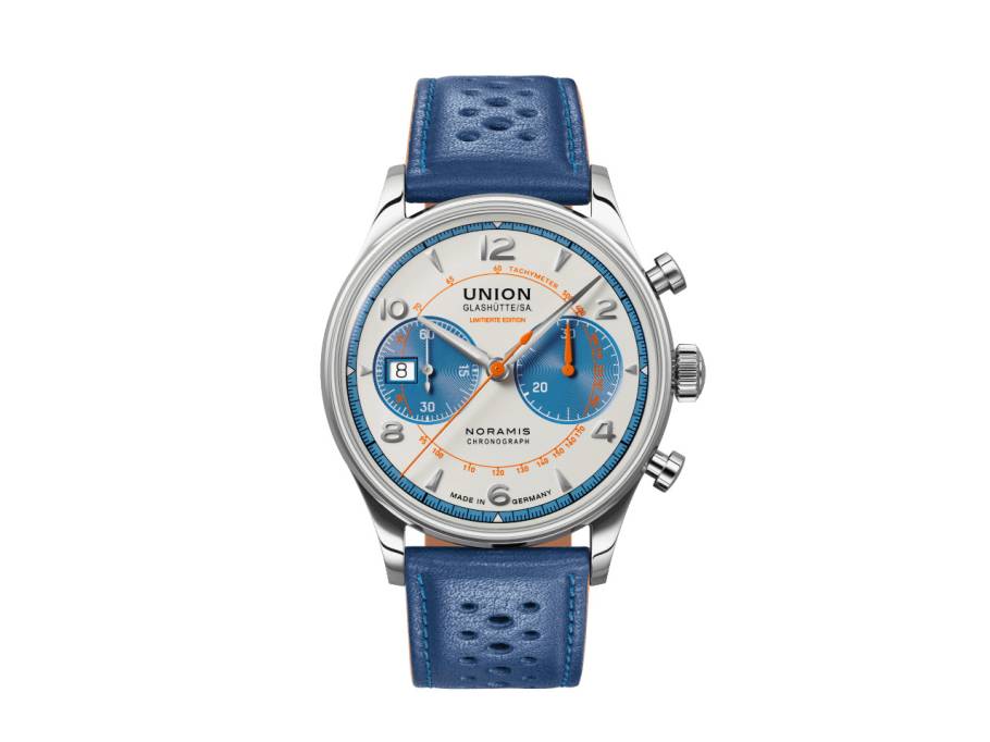              Noramis Chronograph Sachsen Classic 2024 Limited Edition Automatik Edelstahl 42mm beiges Zifferblatt blaues Lederband