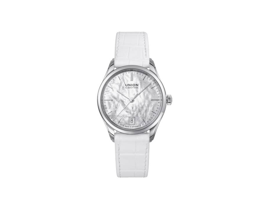 Viro Datum Automatik Edelstahl 34mm weißes Perlmutt-Zifferblatt weißes Lederband