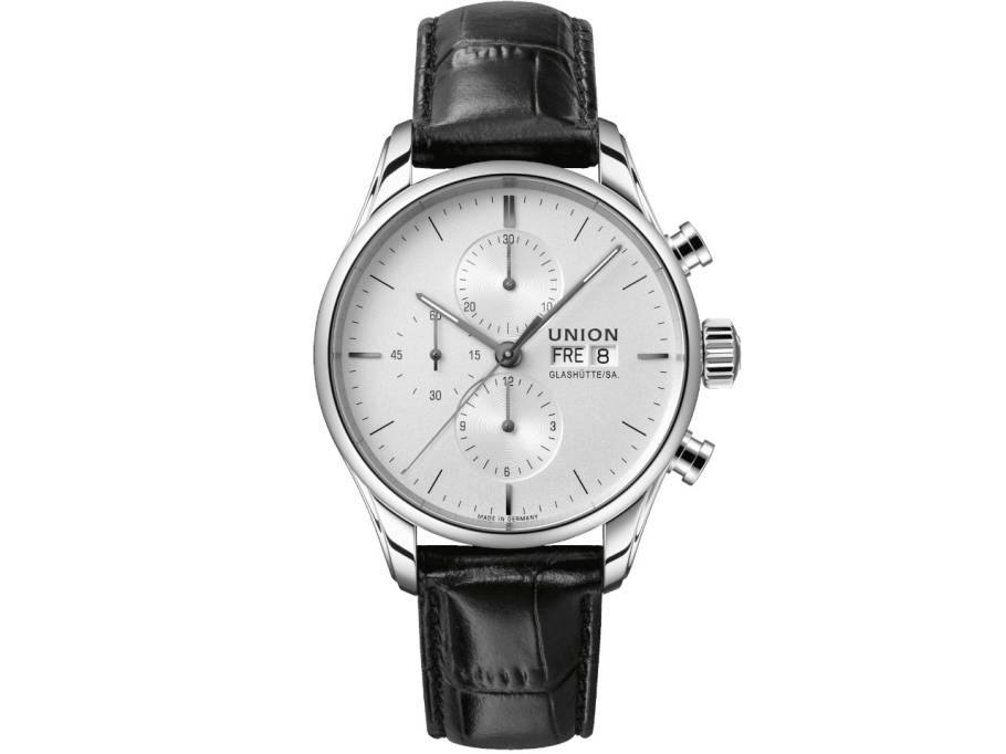 Viro Chronograph Edelstahl Automatik 44mm weißes Zifferblatt schwarzes Lederband 