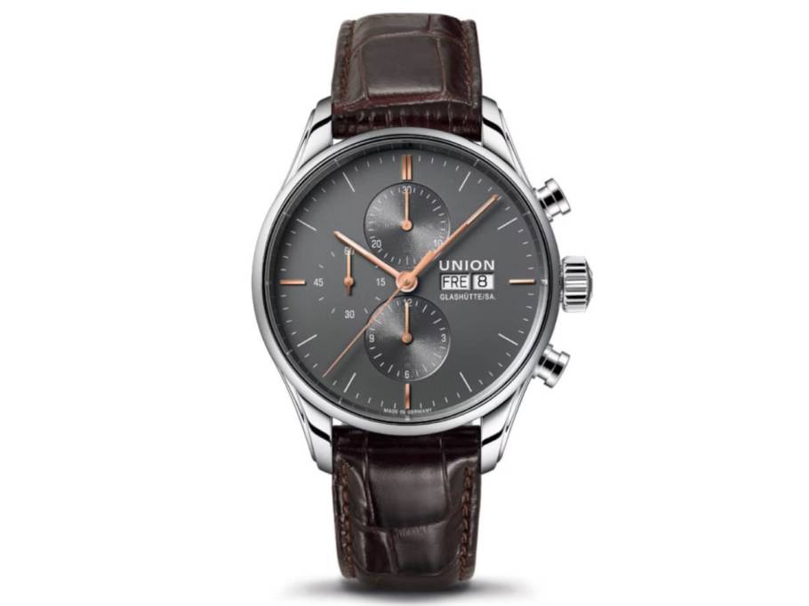 Viro Chronograph Automatik Edelstahl 44mm graues Zifferblatt braunes Lederband 