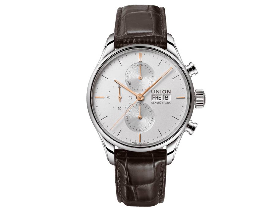 Viro Chronograph Automatik Edelstahl 44mm weißes Zifferblatt braunes Lederband 