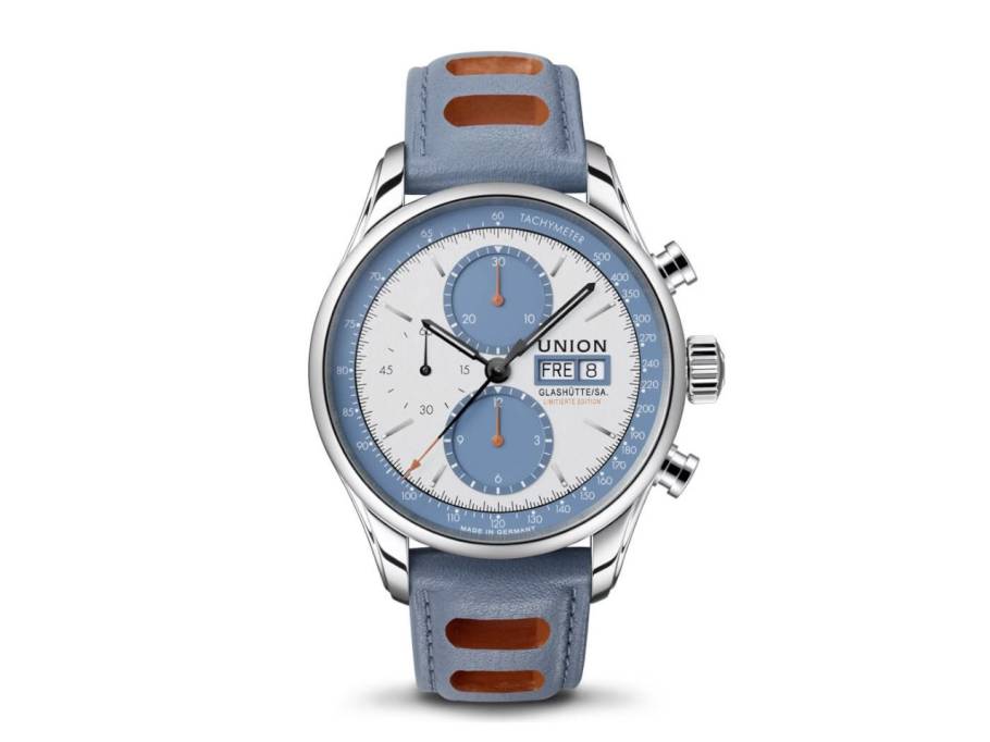 Viro Chronograph Silvretta Classic 2021 Limited Edition Automatik Edelstahl 44mm weiß-blaues Zifferblatt blaues Lederband