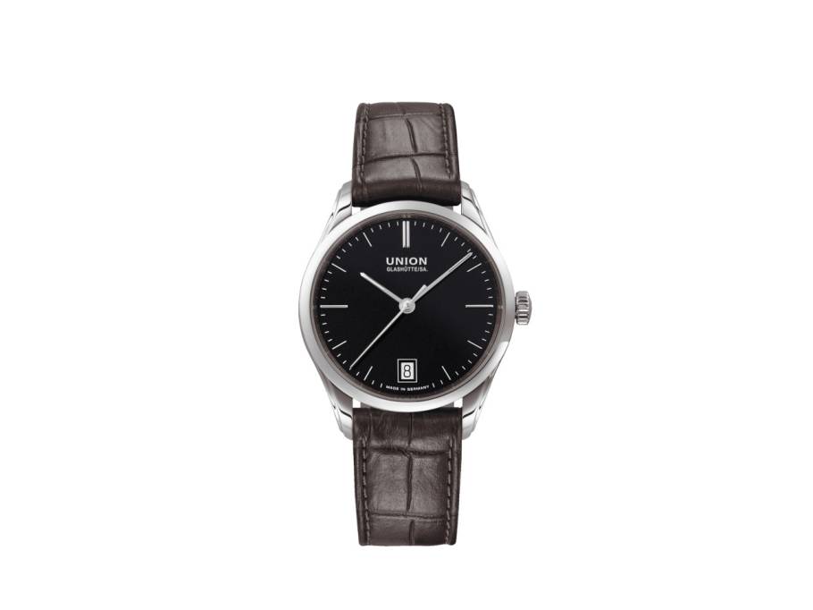 Viro Datum Automatik Edelstahl 34mm schwarzes Zifferblatt schwarzes Lederband