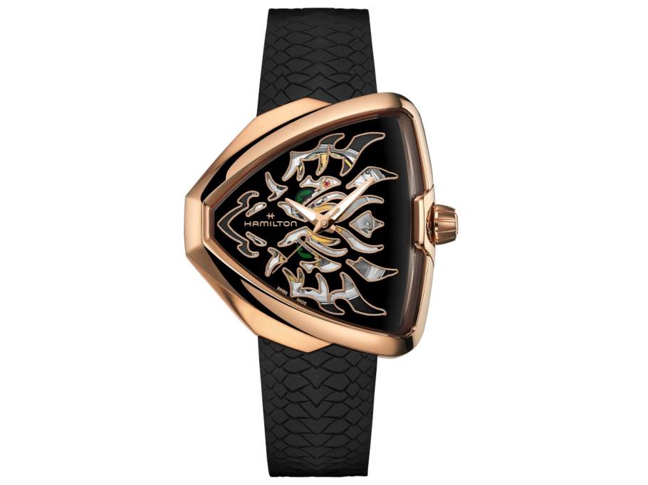 Ventura Elvis80 Skeleton Dragon Auto Edelstahl PVD-Roségold 42x45mm schwarzes Zifferblatt Kautschukband