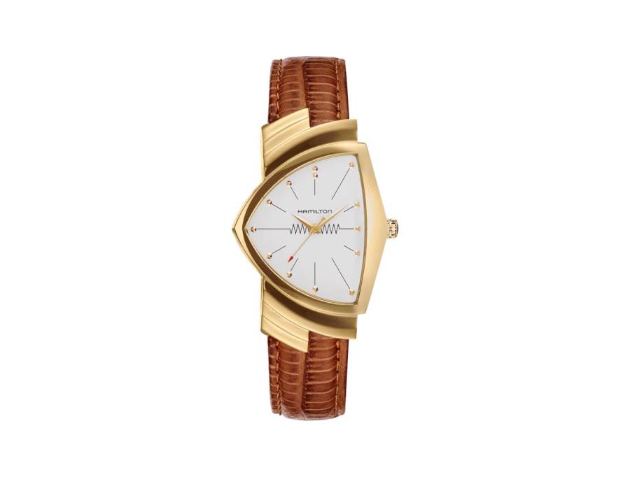 Ventura Quartz Edelstahl PVD-Gelbgold 32x50mm weißes Zifferblatt braunes Lederband