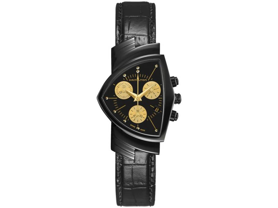   Ventura L Chrono Quarz Edelstahl schwarz beschichtet schwarz Lederband schwarz