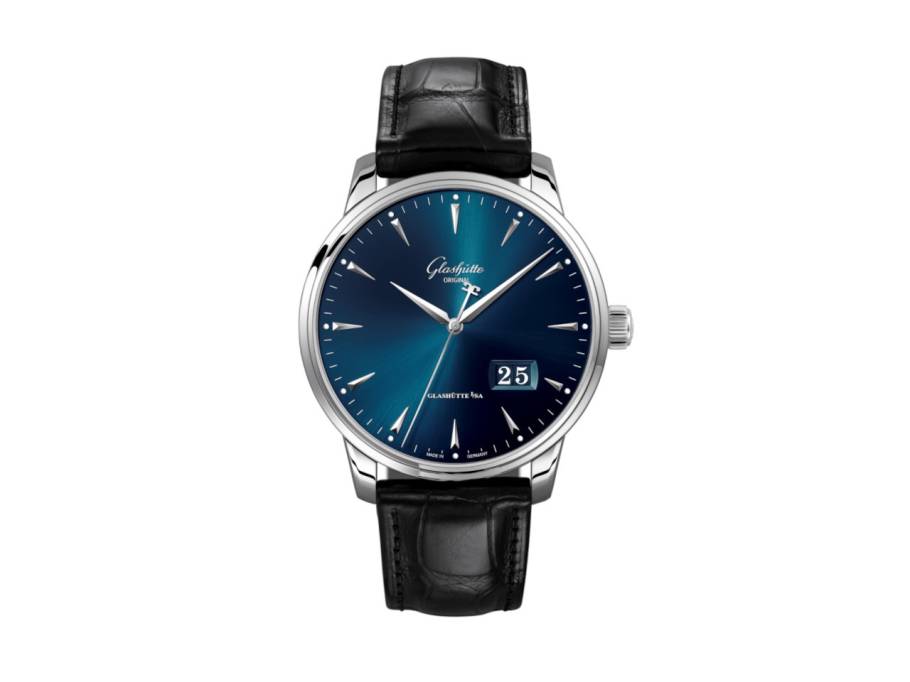 Senator Excellence Panoramadatum Automatik Edelstahl 42mm blaues Zifferblatt schwarzes Lederband