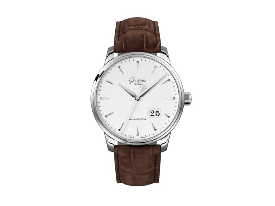 Senator Excellence Panoramadatum Automatik Edelstahl 42mm weißes Zifferblatt braunes Lederband