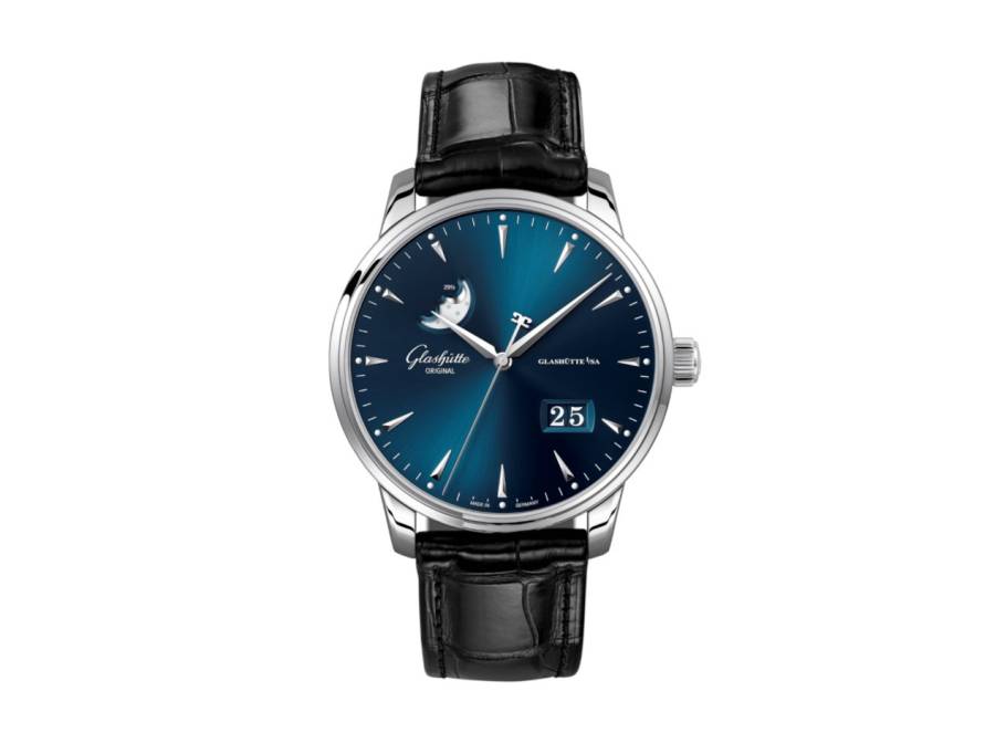 Senator Excellence Panoramadatum Mondphase Automatik Edelstahl 42mm blaues Zifferblatt schwarzes Lederband