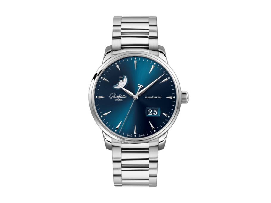 Senator Excellence Panoramadatum Mondphase Automatik Edelstahl 42mm blaues Zifferblatt Metallband