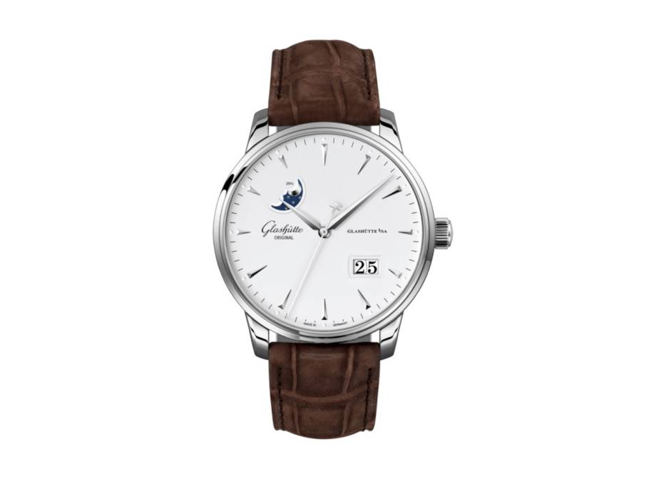 Senator Excellence Panoramadatum Mondphase Automatik Edelstahl 42mm weißes Zifferblatt braunes Lederband