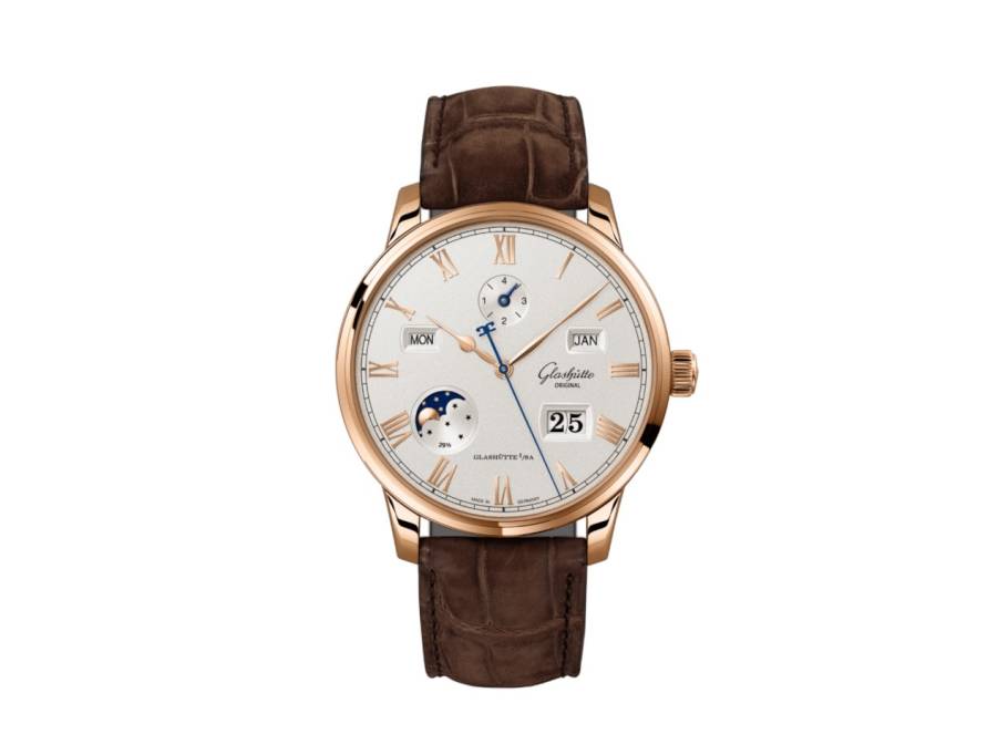 Senator Excellence Ewiger Kalender Automatik Rotgold 42mm silbernes Zifferblatt braunes Lederband