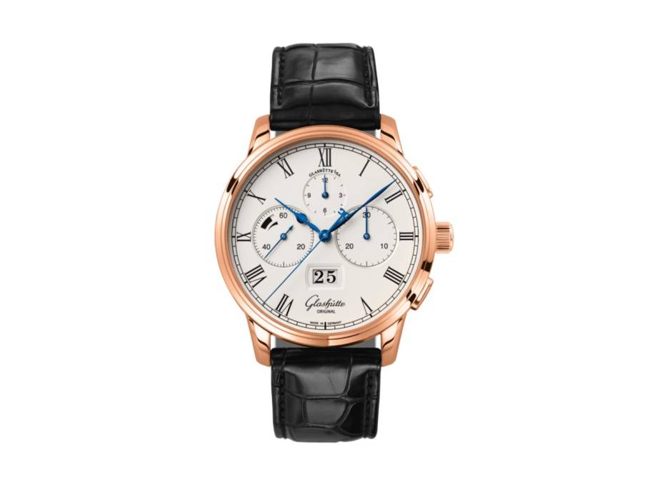 Senator Chronograph Panoramadatum Automatik Rotgold 42mm weißes Zifferblatt schwarzes Lederband