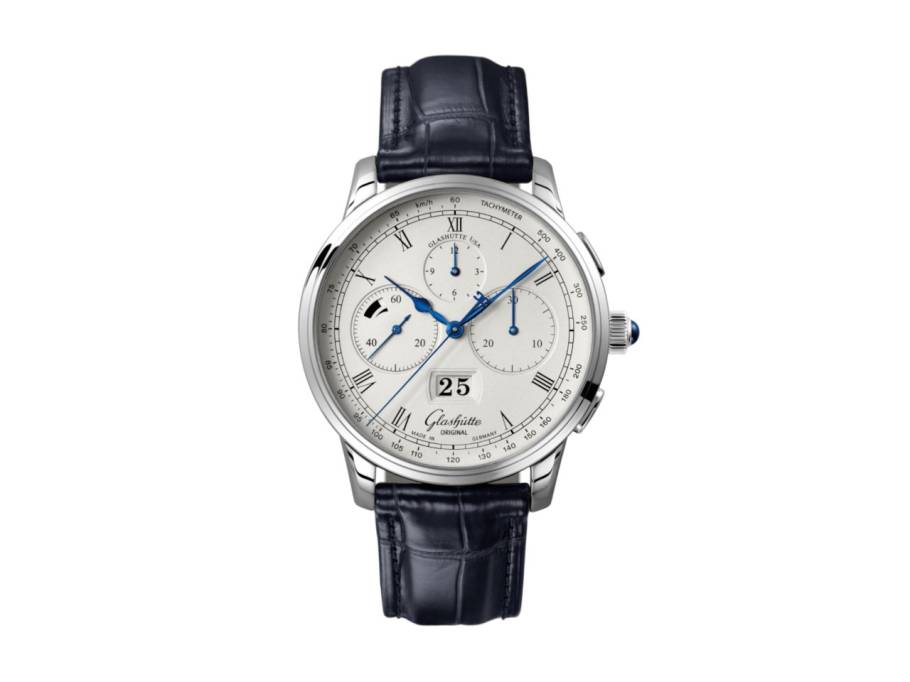 Senator Chronograph Panoramadatum Automatik Platin 42mm weißes Zifferblatt blaues Lederband