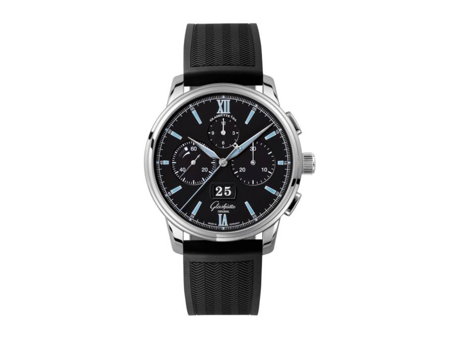 Senator Chronograph Panoramadatum Automatik Edelstahl 42mm schwarzes Zifferblatt schwarzes Kautschukband