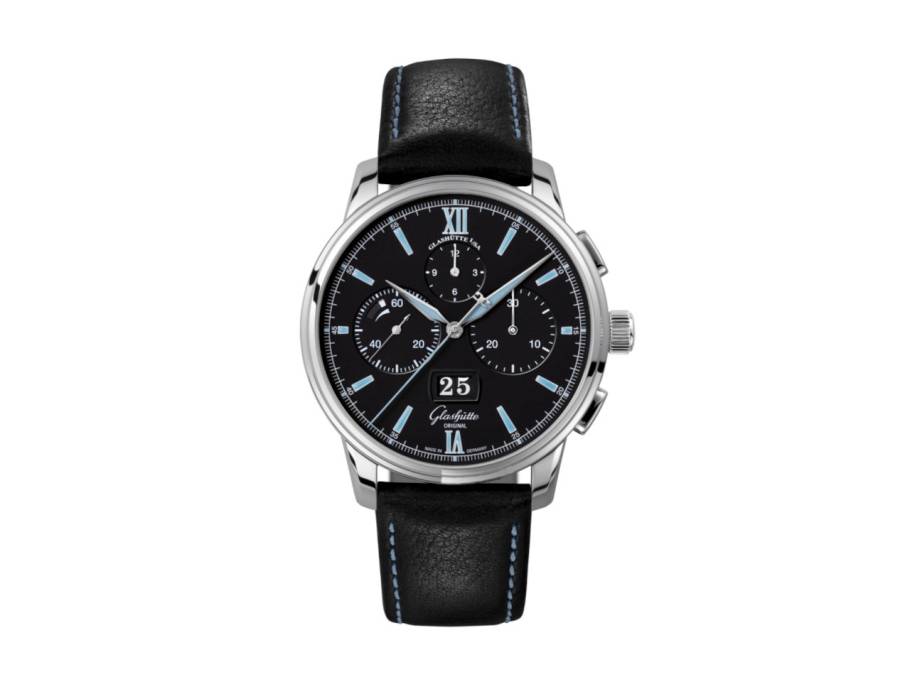 Senator Chronograph Panoramadatum Automatik Edelstahl 42mm schwarzes Zifferblatt schwarzes Lederband