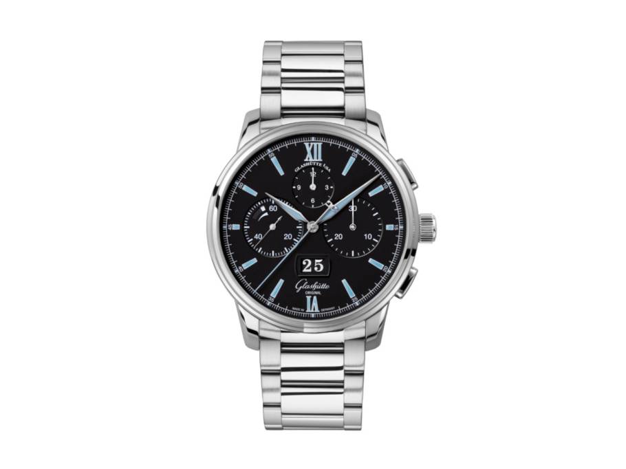 Senator Chronograph Panoramadatum Automatik Edelstahl 42mm schwarzes Zifferblatt Metallband