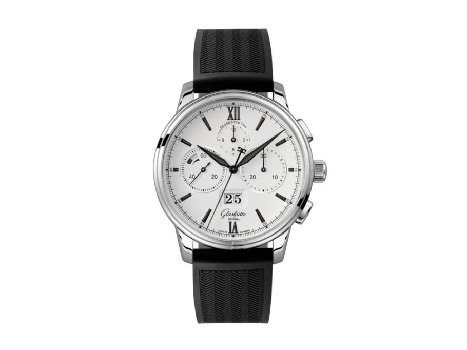 Senator Chronograph Panoramadatum Automatik Edelstahl 42mm weißes Zifferblatt schwarzes Kautschukband