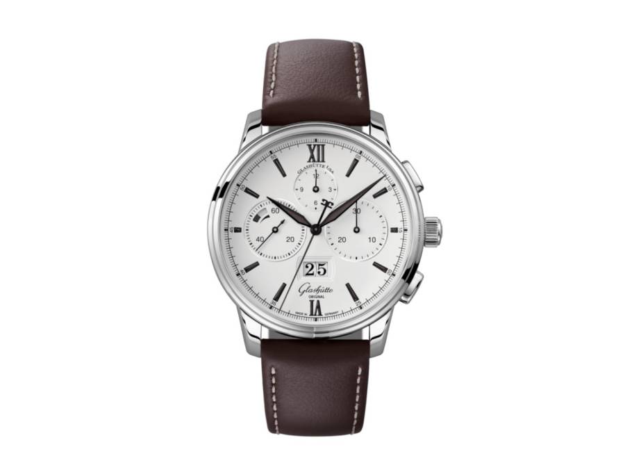 Senator Chronograph Panoramadatum Automatik Edelstahl 42mm weißes Zifferblatt braunes Lederband