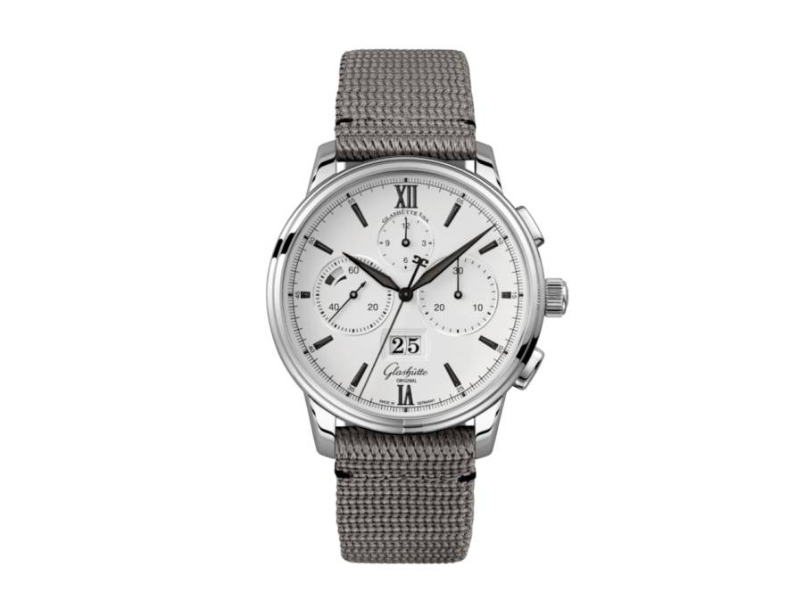 Senator Chronograph Panoramadatum Automatik Edelstahl 42mm weißes Zifferblatt graues Textilband