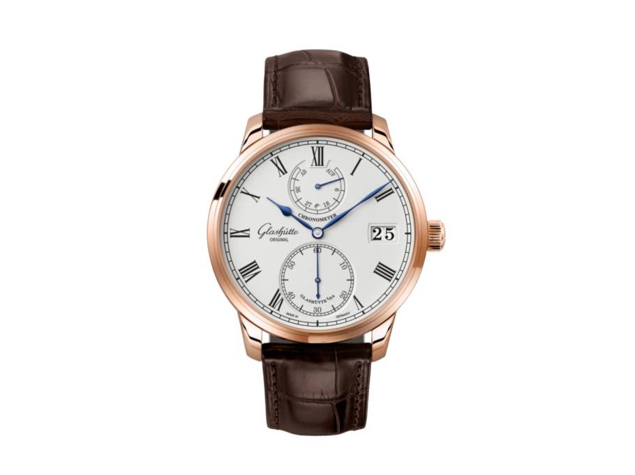 Senator Chronometer Handaufzug Rotgold 42mm silberfarbenes Zifferblatt braunes Lederband
