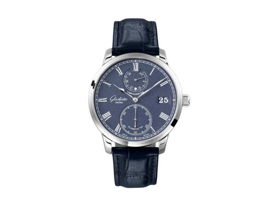 Senator Chronometer Handaufzug Weißgold 42mm blaues Zifferblatt blaues Lederband
