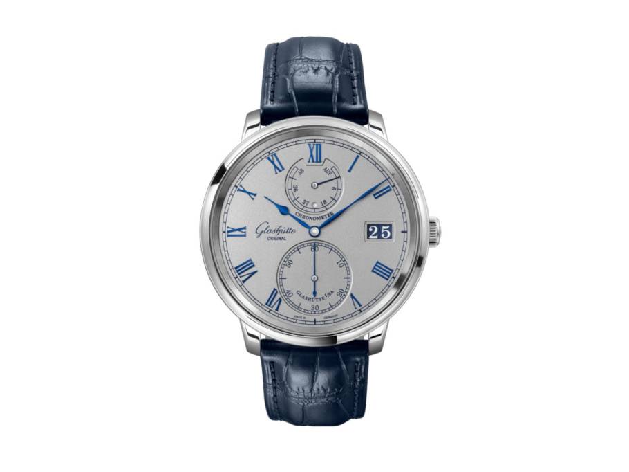 Senator Chronometer Handaufzug Weißgold 42mm silbernes Zifferblatt blaues Lederband